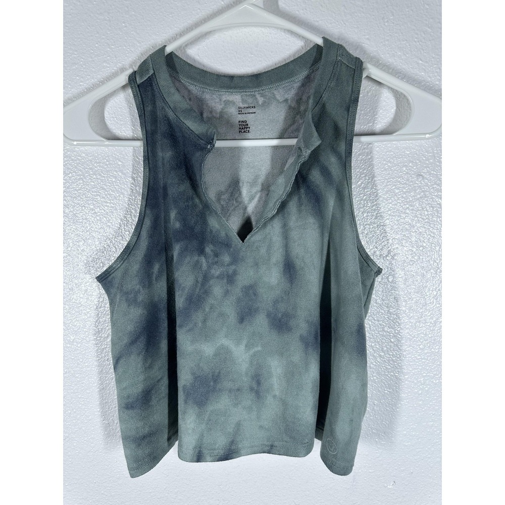 Gilly Hicks Tank Top Womens XS Green Tie Dye Ribbed Cropped Split Neck Racerback